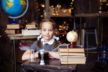 natural science chemistry lesson. Back to school. The student learns. The schoolgirl laughs. Pupil...