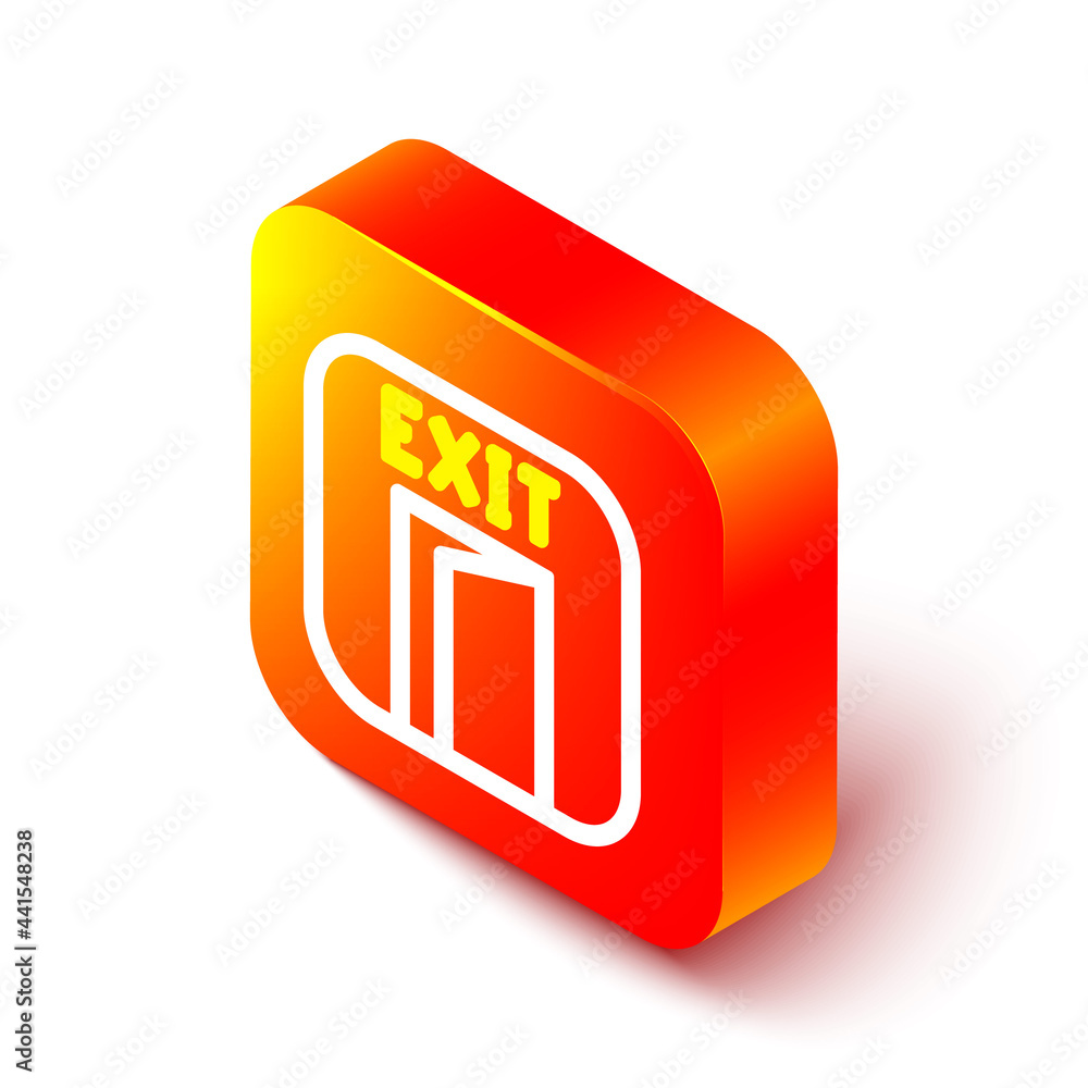 Poster isometric line fire exit icon isolated on white background. fire emergency icon. orange square butto