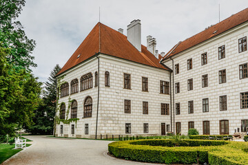 Trebon, Czech Republic.Renaissance chateau with baroque fountain surrounded by magnificent English...