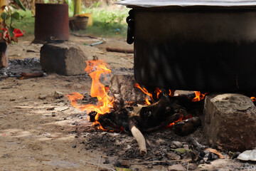 biryani preparation outdoor burning firewood on rocks nature garden outside fried rick cooking picnic
