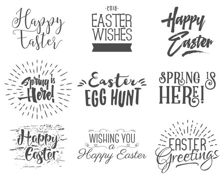 Easter wishes overlays, lettering labels design set. Retro holiday easter badges. Handdrawn emblem with ribbon. Isolated. Religious holiday sign or logo. Easter photo overlays design for web, print