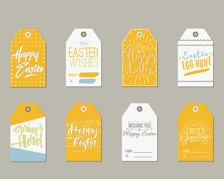 Set of Happy Easter Gift Tags with Ink Lettering signs, Overlay labels Black, white and gold palette. Perfect for Easter presents and gifts. easter emblems. Pastel Colors