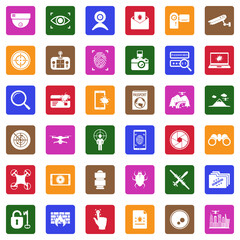 Surveillance Icons. White Flat Design In Square. Vector Illustration.