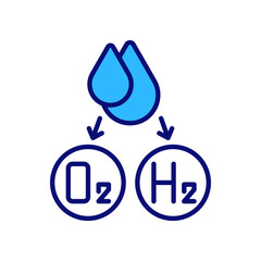 Water splitting for hydrogen production RGB color icon. Using high temperatures and electricity. Isolated vector illustration. Water molecules dissociation simple filled line drawing - obrazy, fototapety, plakaty