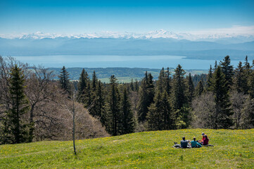 Fototapeta na wymiar view from Jura Vaudoise over Lake Geneva to the Alps with Mont Blanc