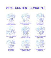 Viral content concept icons set. Focus on trending topic idea thin line color illustrations. Write viral headlines. Create captivating introductions. Analyse strategy. Vector isolated outline drawings