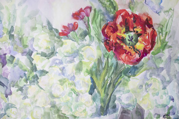 Colorful flowers wallpaper. Weathered texture with smudges. Watercolor painting texture. Poppy and globeflowers summertime illustration.