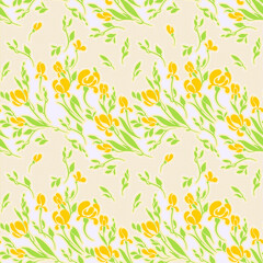 Obraz premium Bouquets of yellow tulips with small herbs on a light background. Seamless pattern with rows of flowers and small dots in the background. Ornament for pastel linen or wallpaper.
