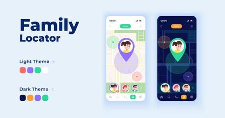Family locator cartoon smartphone interface vector templates set. Mobile app screen page day mode and dark mode design. Unique UI for application. Phone display with flat character
