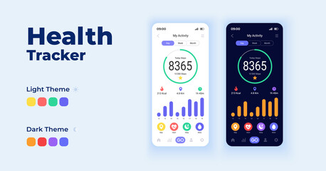 Health tracker cartoon smartphone interface vector templates set. Mobile app screen page day mode dark mode design. Informative UI for application. Phone display with flat elements