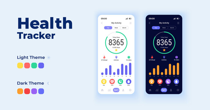 Health tracker cartoon smartphone interface vector templates set. Mobile app screen page day mode dark mode design. Informative UI for application. Phone display with flat elements