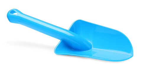 Light blue plastic toy shovel isolated on white