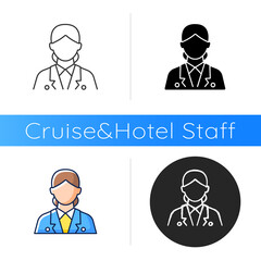 Cruise ship hostess icon. Helping passengers during traveling. Creating comfortable place during vacation. Talk to visitors. Linear black and RGB color styles. Isolated vector illustrations