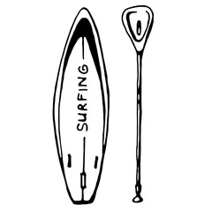 Surf board and paddle. Vector, black, isolated