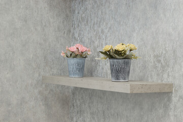 artificial flowers in a pot on a shelf, interior decoration, minimalistic decor