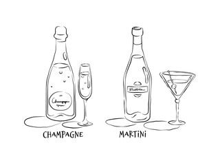 Champagne and martini. Bottle and glass in hand drawn style. Restaurant illustration for celebration design. Retro sketch. Line art. Design element. Beverage outline icon. Isolated on white background
