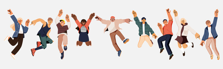 Happy jumping people. Young man and women happy dancing. Cheerful corporate employees cartoon characters set. The concept of friendship, success and teamwork, Music and party. Flat vector illustration
