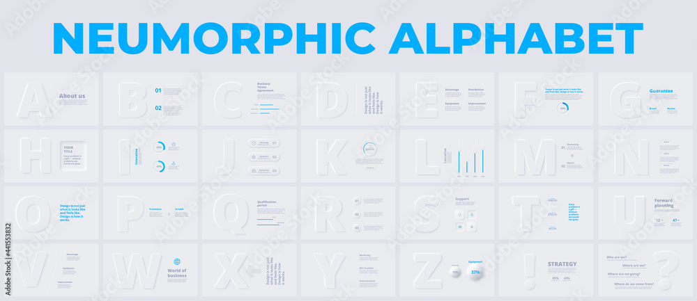 Fototapete neumorphic letters and numbers slides with infographic elements. vector presentation for your typogr