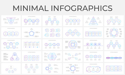 Huge bundle with 30 infographics slide. Circles, pyramids, flowcharts, abstract diagrams and timelines. Line minimal design concept. Vector info graphic business templates