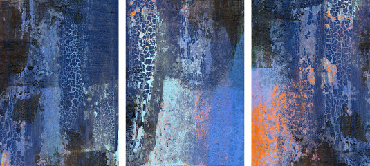 Three abstract paintings. Versatile artistic backdrops for creative design projects: posters, banners, cards, websites, invitations, wallpapers. Acrylic on paper. Dark blue, violet and orange colours.