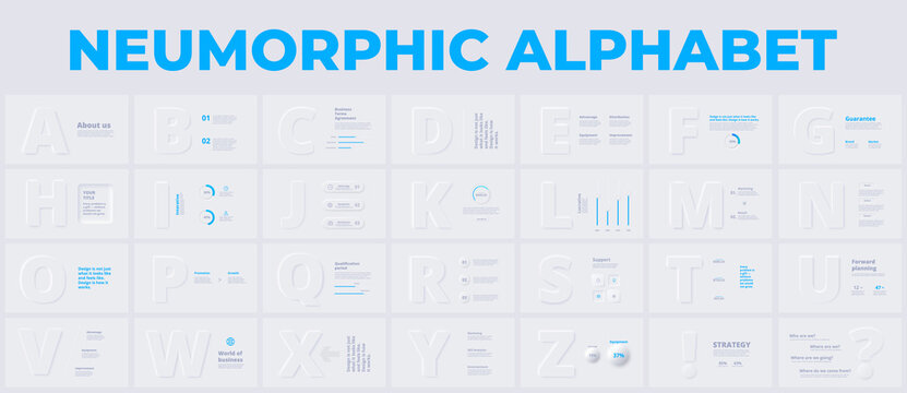 Neumorphic letters and numbers slides with infographic elements. Vector presentation for your typography design