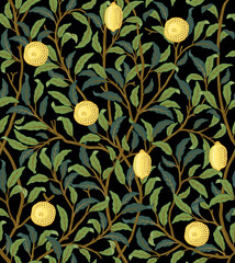 Vintage tropical fruit seamless pattern on dark background. Lemons in foliage. Middle ages William Morris style. Vector illustration - 441554033