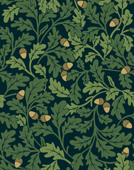 Floral seamless pattern with oak leaves and acorns on dark background. Vector illustration. - obrazy, fototapety, plakaty