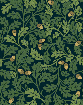 Floral seamless pattern with oak leaves and acorns on dark background. Vector illustration.