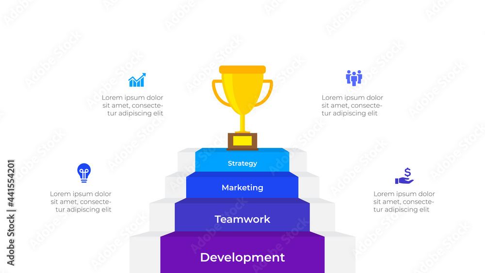 Poster Vector stairs with 4 options. Growth infographics for business concept with trophy cup. Can be used for presentations banner, workflow layout, process diagram or info graph