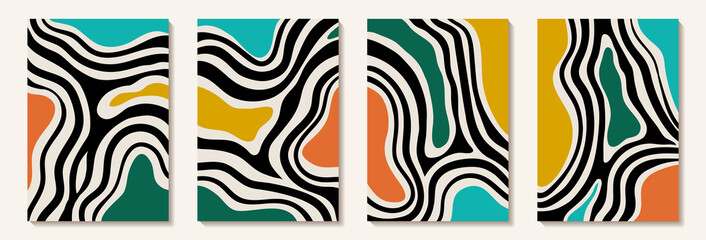 Creative minimalist hand painted Abstract art background with colorful stain and black abstract line shape. Design for wall decoration, postcard, poster or brochure. Modern card for decorative design © Hulinska Yevheniia