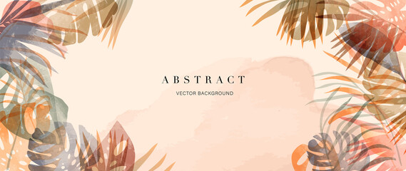 summer tropical background vector. Palm leaves, monstera leaf, Botanical background design for wall framed prints, wall art, invitation, canvas prints, poster, home decor, cover, wallpaper.  © TWINS DESIGN STUDIO