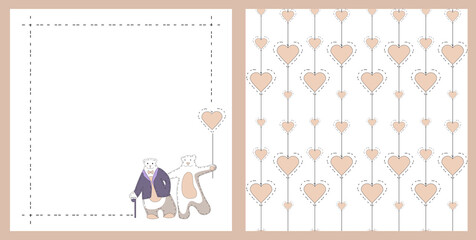 Vector illustration of a cute pink teddy bear in a tuxedo with a heart. Seamless patterns. Perfect for banners, party invitations, fabrics, packaging. EPS10