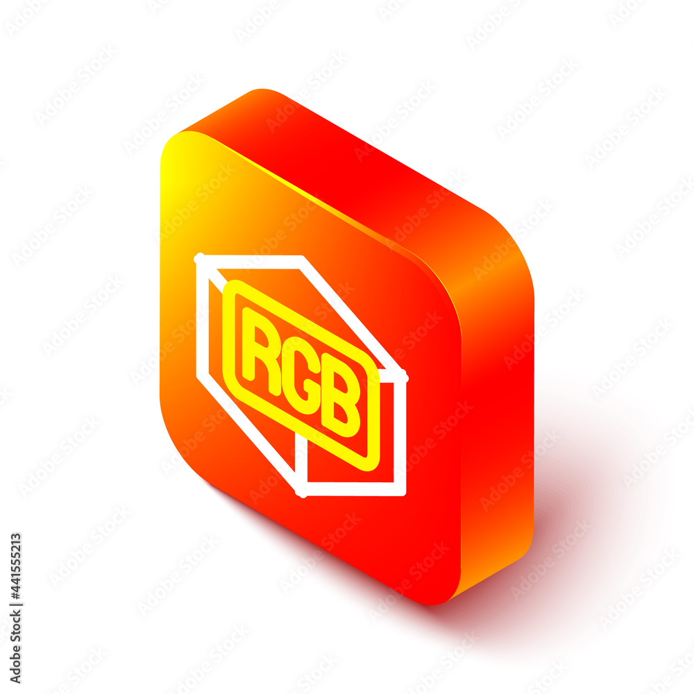 Poster isometric line rgb and cmyk color mixing icon isolated on white background. orange square button. ve