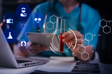 Scientist analyzing and dropping a sample into a glassware, experiments containing chemical liquid in laboratory.