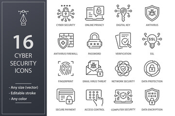 Cyber security line icons set. Black vector illustration. Editable stroke.