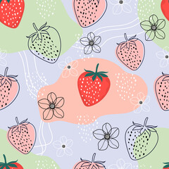 Seamless pattern of  abstract strawberry fruit with botanical floral tropical flowers vector illustration
