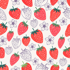 Seamless pattern of strawberry fruit with botanical floral tropical flowers vector illustration