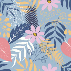 Seamless pattern of botanical floral tropical flowers and leaves vector illustration