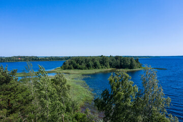 Aerial view of the island in Karelia in summer