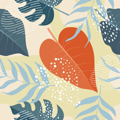 Seamless pattern of abstract botanical floral tropical flowers and leaves vector illustration