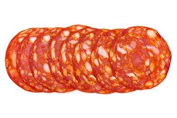 Spanish chorizo salami sausage, isolated on white background. High resolution image.