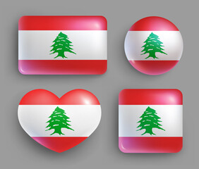 Set of glossy buttons with Lebanon country flag. Middle East country national flag, shiny geometric shape badges. Lebanon symbols in patriotic colors realistic vector illustration