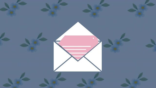 Animation of envelope icons and floral pattern on blue background