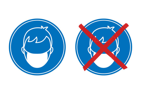 Face mask required und no mask required blue round signs. White outline of a person wearing a mask. The second sign is crossed out with red lines.