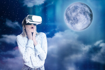 Woman using virtual reality headset and getting in simulated futuristic world