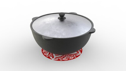 Cauldron on a white background with a pattern isolated, utensils for cooking, saucepan