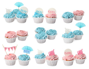 Set of decorated baby shower cupcakes with blue and pink cream on white background