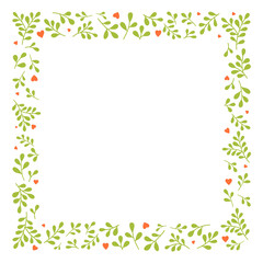 Elegant frame with leaves twigs and red hearts. Perfect for wedding invitations, postcards, decor, girl celebrations and more. 