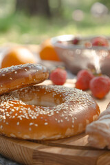 Homemade sweet bread. Tasty bagels and strawberry close up. Dessert fast food background