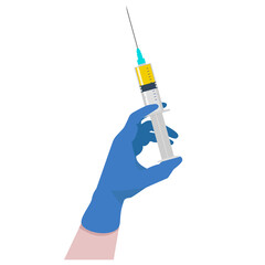 Syringe in doctor hand. Ambulance doctor. Syringe in handFlu shot vaccination. Injection syringe. hand holds a syringe. Medicine healthcare concept. Medical background